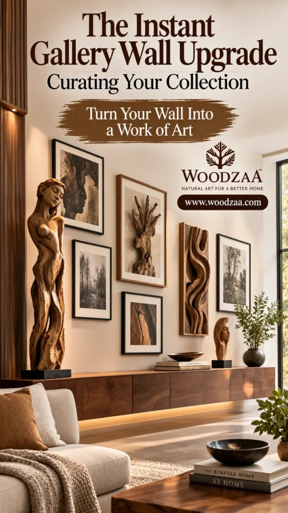 A stylish living room display featuring a curated gallery wall with framed nature prints and 3D wooden wall relief sculptures. Below the frames, a wooden carved statue of a female figure stands on a long floating wood console alongside a carved bust and decor. The foreground shows a sofa and a coffee table with "THE KINFOLK HOME" book. Overlay text reads "The Instant Gallery Wall Upgrade: Curating Your Collection - Turn Your Wall Into a Work of Art" with the Woodzaa logo and website URL.
