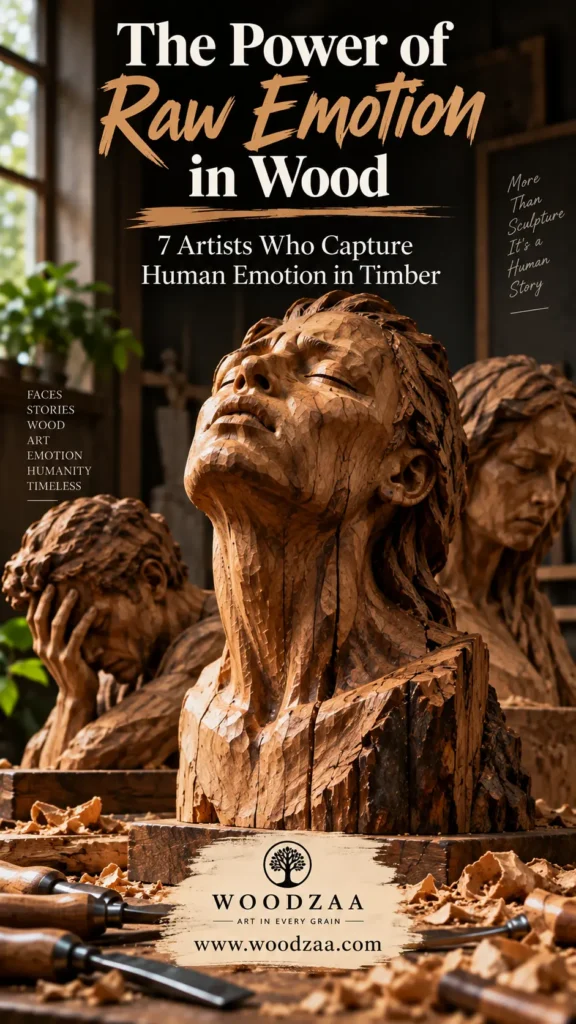 Detailed carved wooden bust of a figure leaning their head back with eyes closed in emotional release, highlighting rich wood grain textures. Other sorrowful wooden sculptures stand in the background, surrounded by chisels and wood shavings in a workshop setting. Top text reads "The Power of Raw Emotion in Wood – 7 Artists Who Capture Human Emotion in Timber". Side text includes "More Than Sculpture It’s a Human Story". Bottom displays logo for "WOODZAA ART IN EVERY GRAIN" and "[www.woodzaa.com](https://www.google.com/search?q=https%3A%2F%2Fwww.woodzaa.com)".