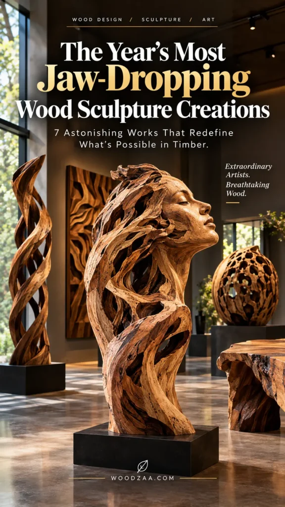 A carved wooden bust of a woman with her face tilted upward and detailed openwork branches forming her body and hair stands prominently on a black base. Surrounding her in the modern art gallery are a spiral wood sculpture on the left, a carved wall panel behind, and a hollow lattice-patterned wooden sphere on the right. Text overlay reads "The Year's Most Jaw-Dropping Wood Sculpture Creations," subheaded "7 Astonishing Works That Redefine What's Possible in Timber," with "WOODZAA.COM" at the bottom.