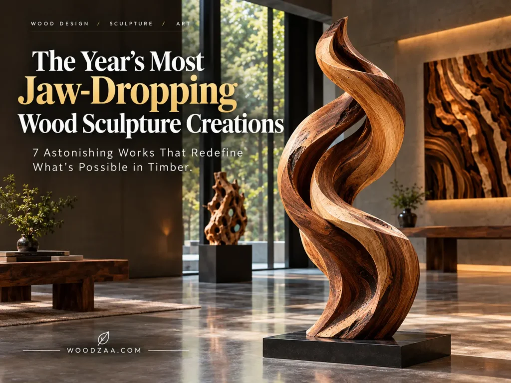 A large, flame-like wooden sculpture with twisting organic curves stands in the foreground on a dark plinth in a modern gallery space. Large floor-to-ceiling windows display lush greenery outside, alongside a low wooden coffee table on the left and framed wooden wall art on the right. Text on the left reads "The Year's Most Jaw-Dropping Wood Sculpture Creations," subheaded "7 Astonishing Works That Redefine What's Possible in Timber," with "WOODZAA.COM" at the bottom.