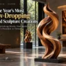 A large, flame-like wooden sculpture with twisting organic curves stands in the foreground on a dark plinth in a modern gallery space. Large floor-to-ceiling windows display lush greenery outside, alongside a low wooden coffee table on the left and framed wooden wall art on the right. Text on the left reads "The Year's Most Jaw-Dropping Wood Sculpture Creations," subheaded "7 Astonishing Works That Redefine What's Possible in Timber," with "WOODZAA.COM" at the bottom.