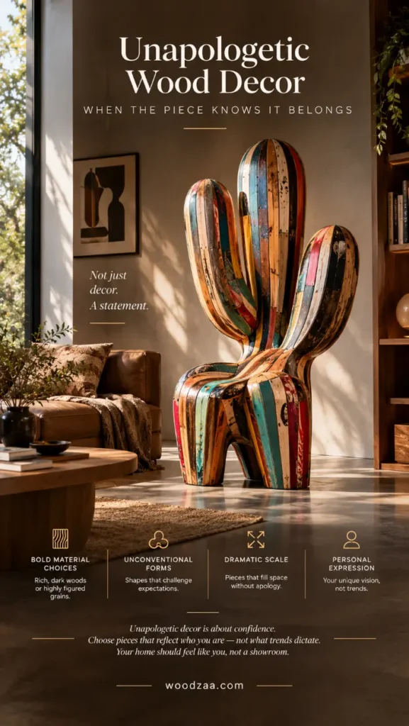 Infographic titled "Unapologetic Wood Decor: When the Piece Knows It Belongs" by woodzaa.com. The image showcases a colorful, cactus-shaped statement armchair crafted from striped wooden slats in a sunlit modern living room. Four key design points at the bottom cover Bold Material Choices, Unconventional Forms, Dramatic Scale, and Personal Expression, with a quote emphasizing authentic personal style over fleeting design trends.