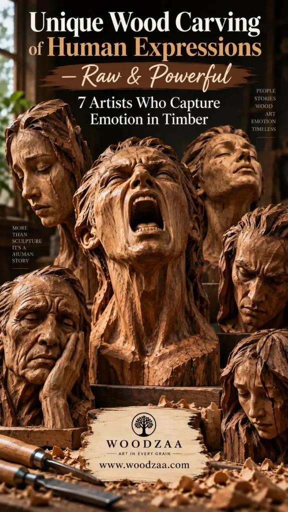 Detailed collection of carved wooden busts displaying intense human emotions, with a centrally featured sculpture screaming with an open mouth and head tilted back. Surrounding sculptures showcase various expressions of grief, contemplation, and sorrow. Wood carving tools and shavings sit in the foreground. Top text reads "Unique Wood Carving of Human Expressions – Raw & Powerful – 7 Artists Who Capture Emotion in Timber". Bottom features the "WOODZAA ART IN EVERY GRAIN" logo and "[www.woodzaa.com](https://www.google.com/search?q=https%3A%2F%2Fwww.woodzaa.com)".