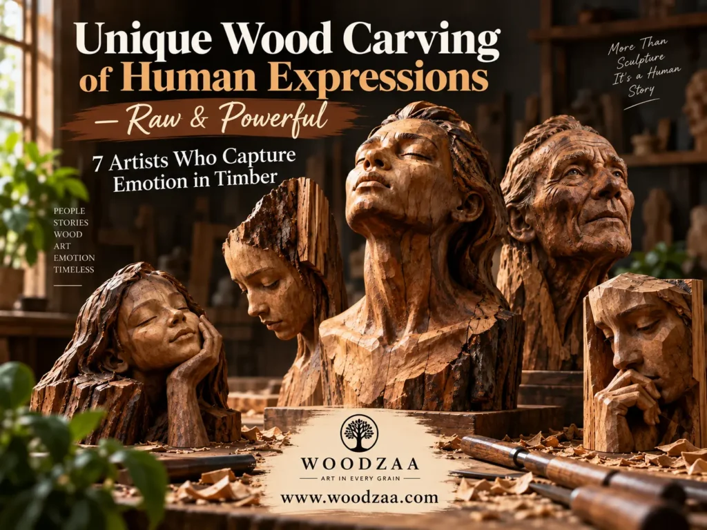 Horizontal arrangement of expressive carved wooden busts on a workbench. The center sculpture depicts a woman leaning her head back with closed eyes, flanked by a serene face resting on a hand, a downcast face emerging from raw bark, an elderly man looking upward, and a pensive face with hand to chin. Foreground shows carving chisels and wood shavings. Top text: "Unique Wood Carving of Human Expressions – Raw & Powerful – 7 Artists Who Capture Emotion in Timber". Bottom features "WOODZAA" logo and website.