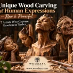 Horizontal arrangement of expressive carved wooden busts on a workbench. The center sculpture depicts a woman leaning her head back with closed eyes, flanked by a serene face resting on a hand, a downcast face emerging from raw bark, an elderly man looking upward, and a pensive face with hand to chin. Foreground shows carving chisels and wood shavings. Top text: "Unique Wood Carving of Human Expressions – Raw & Powerful – 7 Artists Who Capture Emotion in Timber". Bottom features "WOODZAA" logo and website.