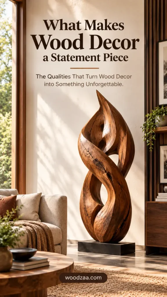 Infographic titled "What Makes Wood Decor a Statement Piece: The Qualities That Turn Wood Decor into Something Unforgettable" by woodzaa.com. The image features a large, flowing, figure-eight-shaped wooden sculpture standing on a dark rectangular base in a sunlit modern living room. Warm sunlight streams through large windows onto the rich grain of the sculpture, positioned beside a beige sofa, coffee table, and wood shelves.