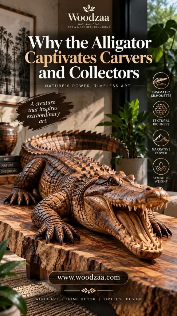 Hand-carved wooden alligator sculpture with an open mouth displayed on a rustic live-edge coffee table in a modern living space. Text overlays read "Woodzaa," "Why the Alligator Captivates Carvers and Collectors," "Nature's Power. Timeless Art," and "A creature that inspires extraordinary art." Icons on the right label features: Dramatic Silhouette, Textural Richness, Narrative Power, and Symbolic Weight. Includes books titled "Art, Nature, Interiors" and website URL [www.woodzaa.com](https://www.google.com/search?q=https%3A%2F%2Fwww.woodzaa.com).