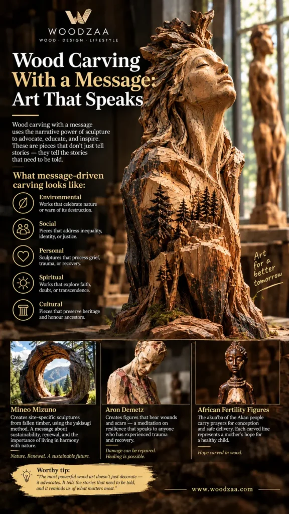 **ALT Text:** Woodzaa infographic titled "Wood Carving With a Message: Art That Speaks" featuring a wooden bust sculpture merged with a carved mountain landscape and pine trees. It breaks down message-driven themes: Environmental, Social, Personal, Spiritual, and Cultural. Featured artists and works below include Mineo Mizuno, Aron Demetz, and African Fertility Figures. A tip at the bottom reads: "The most powerful wood art doesn't just decorate—it advocates". Website: [www.woodzaa.com](https://www.google.com/search?q=https%3A%2F%2Fwww.woodzaa.com).
