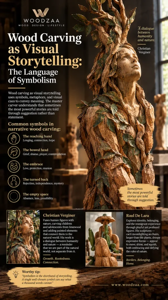 **ALT Text:** Woodzaa infographic titled "Wood Carving as Visual Storytelling: The Language of Symbolism" featuring a wooden figure looking upward, seamlessly fused with leafy tree branches. It outlines common narrative symbols like reaching hands, bowed heads, and empty space. Featured artists Christian Verginer and Raul De Lara are highlighted below with images of their symbolic sculptures. A tip reads: "Symbolism is the shorthand of storytelling". URL: [www.woodzaa.com](https://www.google.com/search?q=https%3A%2F%2Fwww.woodzaa.com).