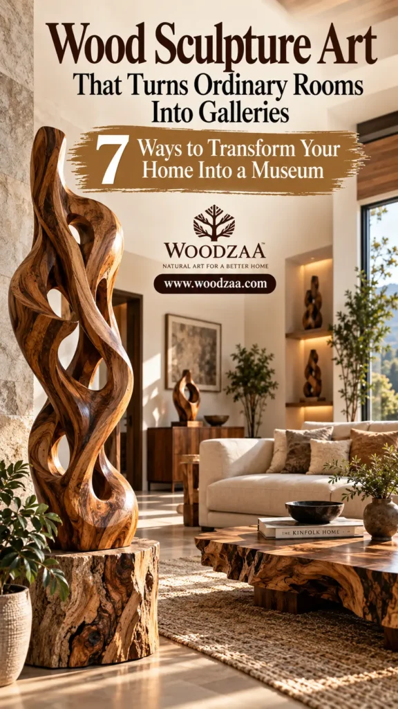 A sunlit luxury living room featuring a tall, abstract organic wood sculpture standing on a natural tree stump pedestal in the foreground. Beside it sits a live-edge wooden coffee table with a book titled "THE KINFOLK HOME". The background shows a modern sofa, indoor plants, and recessed shelving with additional wood sculptures. Text at the top reads "Wood Sculpture Art That Turns Ordinary Rooms Into Galleries — 7 Ways to Transform Your Home Into a Museum," along with a Woodzaa logo.