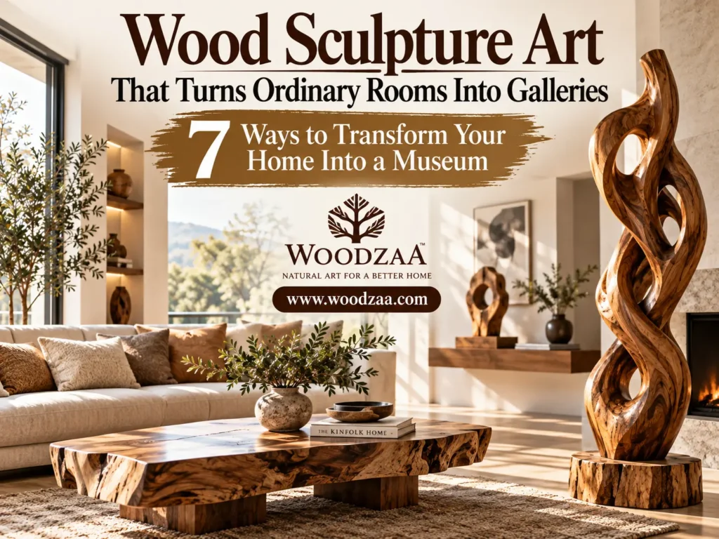 A wide, sunlit living room featuring a tall, organic carved wood sculpture on a stump base beside a glowing fireplace. In the foreground, a live-edge wooden coffee table holds a vase with greenery and "THE KINFOLK HOME" book. A plush cream sofa with earth-toned pillows sits near large windows overlooking trees. Text overlay reads "Wood Sculpture Art That Turns Ordinary Rooms Into Galleries - 7 Ways to Transform Your Home Into a Museum," along with the Woodzaa logo and website URL.