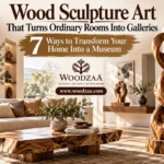 A wide, sunlit living room featuring a tall, organic carved wood sculpture on a stump base beside a glowing fireplace. In the foreground, a live-edge wooden coffee table holds a vase with greenery and "THE KINFOLK HOME" book. A plush cream sofa with earth-toned pillows sits near large windows overlooking trees. Text overlay reads "Wood Sculpture Art That Turns Ordinary Rooms Into Galleries - 7 Ways to Transform Your Home Into a Museum," along with the Woodzaa logo and website URL.