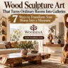 A wide, sunlit living room featuring a tall, organic carved wood sculpture on a stump base beside a glowing fireplace. In the foreground, a live-edge wooden coffee table holds a vase with greenery and "THE KINFOLK HOME" book. A plush cream sofa with earth-toned pillows sits near large windows overlooking trees. Text overlay reads "Wood Sculpture Art That Turns Ordinary Rooms Into Galleries - 7 Ways to Transform Your Home Into a Museum," along with the Woodzaa logo and website URL.