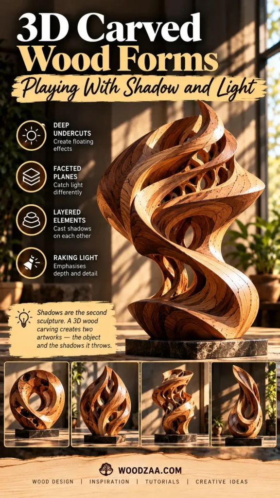 "3D Carved Wood Forms — Playing With Shadow and Light" featuring an abstract, swirling wooden sculpture with organic curves and deep undercuts set on a dark base. The graphic highlights visual techniques: Deep Undercuts, Faceted Planes, Layered Elements, and Raking Light. A note at the bottom explains how shadows create a second sculpture, accompanied by four smaller images showing various angles of carved wood art.