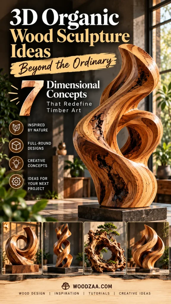 "3D Organic Wood Sculpture Ideas Beyond the Ordinary: 7 Dimensional Concepts That Redefine Timber Art". The poster showcases a large, flowing, abstract wooden sculpture with flame-like curves and natural wood grain on a square base. Icons on the side list key features: Inspired by Nature, Full-Round Designs, Creative Concepts, and Ideas for Your Next Project. At the bottom are four smaller photos of distinct organic wooden sculptures and a logo for woodzaa.com.