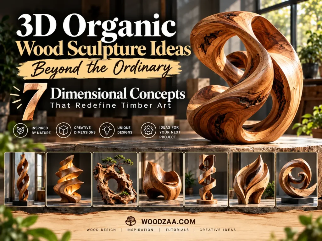 "3D Organic Wood Sculpture Ideas Beyond the Ordinary: 7 Dimensional Concepts That Redefine Timber Art". The main featured piece is a large, flowing, dynamic looped wooden sculpture with pronounced grain textures. Icons on the left label features: Inspired by Nature, Creative Dimensions, Unique Designs, and Ideas for Your Next Project. Across the bottom, seven thumbnail images display various carved wooden sculptures and artistic furniture concepts.