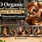 "3D Organic Wood Sculpture Ideas Beyond the Ordinary: 7 Dimensional Concepts That Redefine Timber Art". The main featured piece is a large, flowing, dynamic looped wooden sculpture with pronounced grain textures. Icons on the left label features: Inspired by Nature, Creative Dimensions, Unique Designs, and Ideas for Your Next Project. Across the bottom, seven thumbnail images display various carved wooden sculptures and artistic furniture concepts.