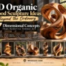 "3D Organic Wood Sculpture Ideas Beyond the Ordinary: 7 Dimensional Concepts That Redefine Timber Art". The main featured piece is a large, flowing, dynamic looped wooden sculpture with pronounced grain textures. Icons on the left label features: Inspired by Nature, Creative Dimensions, Unique Designs, and Ideas for Your Next Project. Across the bottom, seven thumbnail images display various carved wooden sculptures and artistic furniture concepts.