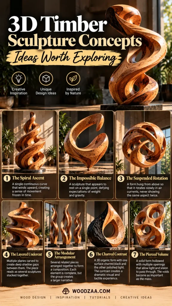"3D Timber Sculpture Concepts — Ideas Worth Exploring" featuring a prominent swirling wooden sculpture. Icons highlight Creative Inspiration, Unique Design Ideas, and Inspired by Nature. Below are 7 numbered concepts with images and descriptions: 1. The Spiral Ascent, 2. The Impossible Balance, 3. The Suspended Rotation, 4. The Layered Undercut, 5. The Modular Arrangement, 6. The Charred Contrast, and 7. The Pierced Volume, with woodzaa.com at the bottom.