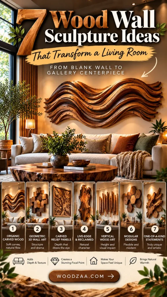 "7 Wood Wall Sculpture Ideas That Transform a Living Room — From Blank Wall to Gallery Centerpiece". The top image features a modern living room with a large, wavy wooden wall sculpture above a couch. Below are 7 numbered panels showcasing styles: Organic Carved Wood, Geometric 3D Wall Art, Carved Relief Panels, Live-Edge & Reclaimed, Vertical Wood Art, Modular Designs, and One-of-a-Kind Statements. At the bottom, icon highlights list benefits like depth, warmth, and visual impact, above the link woodzaa.com.