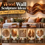 "7 Wood Wall Sculpture Ideas That Transform a Living Room — From Blank Wall to Gallery Centerpiece". The top section shows a living room with a neutral couch below a fluid, wavy wooden wall art centerpiece. Bottom panels detail 7 styles: 1) Modern Geometric, 2) Nature Inspired, 3) Minimal & Modern, 4) Rustic Charm, 5) Artistic Statement, 6) 3D Texture, and 7) One-of-a-Kind Design.