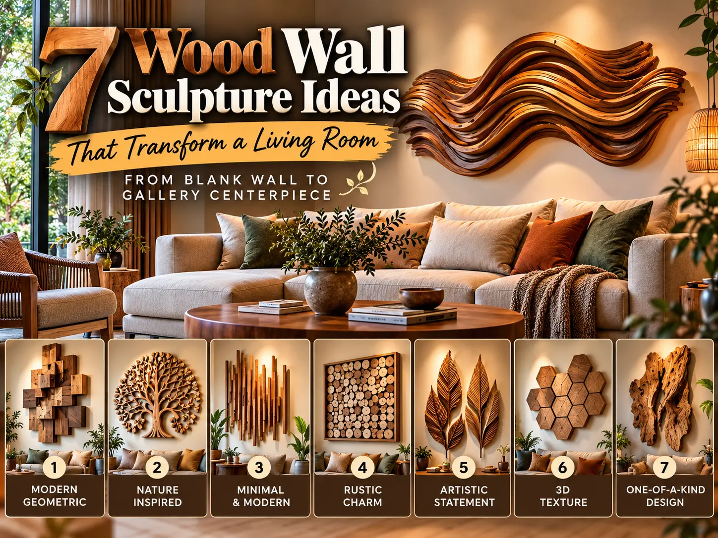 "7 Wood Wall Sculpture Ideas That Transform a Living Room — From Blank Wall to Gallery Centerpiece". The top section shows a living room with a neutral couch below a fluid, wavy wooden wall art centerpiece. Bottom panels detail 7 styles: 1) Modern Geometric, 2) Nature Inspired, 3) Minimal & Modern, 4) Rustic Charm, 5) Artistic Statement, 6) 3D Texture, and 7) One-of-a-Kind Design.