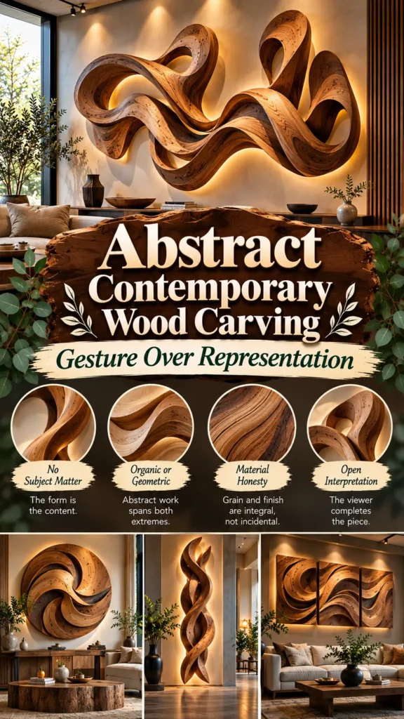 "Abstract Contemporary Wood Carving — Gesture Over Representation." It features a large, backlit wooden wall sculpture with fluid, organic curves mounted in a modern living room. Below the main photo are four circular detail shots highlighting design principles: No Subject Matter, Organic or Geometric, Material Honesty, and Open Interpretation. The bottom section shows three smaller alternative interior displays featuring round, vertical, and triptych abstract wood carvings.