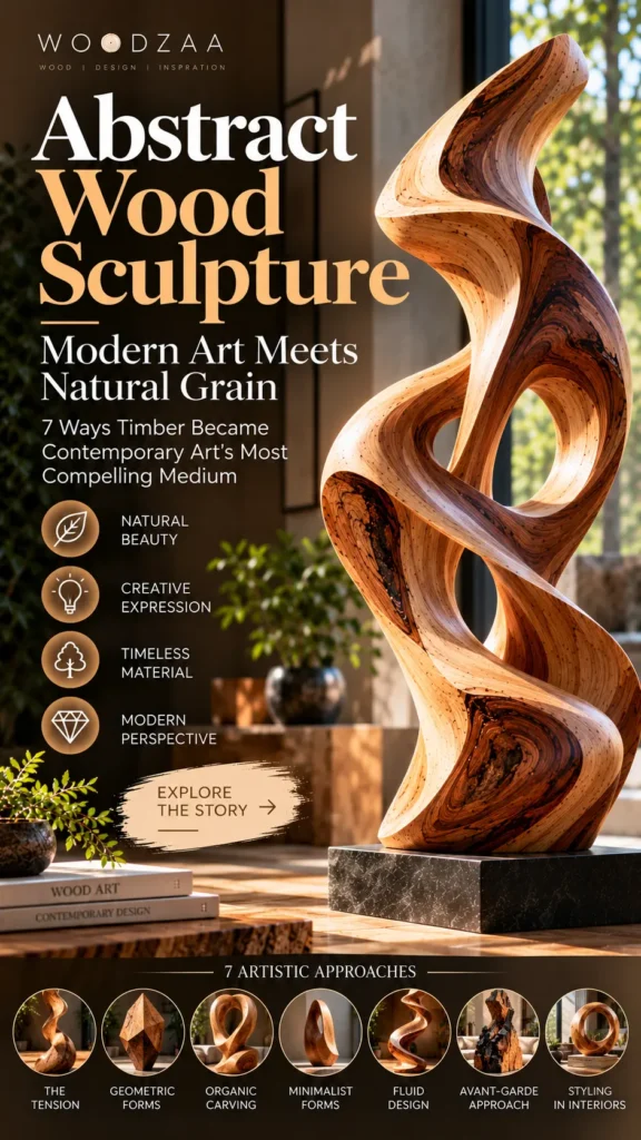 "Abstract Wood Sculpture: Modern Art Meets Natural Grain." On the right sits a large, fluid, twisting carved wooden sculpture with rich natural grain patterns mounted on a black base in a bright interior. The left side features white and gold text detailing "7 Ways Timber Became Contemporary Art's Most Compelling Medium," along with key points like Natural Beauty and Timeless Material, and a bottom row showcasing seven different artistic sculpture styles.