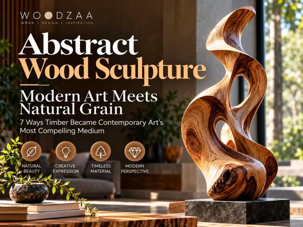 "Abstract Wood Sculpture: Modern Art Meets Natural Grain" by Woodzaa. The right side features a fluid, twisting carved wooden sculpture with rich natural grain patterns set on a dark square pedestal. On the left, bold overlay text reads "7 Ways Timber Became Contemporary Art's Most Compelling Medium," accompanied by four circular icons highlight themes like Natural Beauty, Creative Expression, Timeless Material, and Modern Perspective.