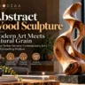 "Abstract Wood Sculpture: Modern Art Meets Natural Grain" by Woodzaa. The right side features a fluid, twisting carved wooden sculpture with rich natural grain patterns set on a dark square pedestal. On the left, bold overlay text reads "7 Ways Timber Became Contemporary Art's Most Compelling Medium," accompanied by four circular icons highlight themes like Natural Beauty, Creative Expression, Timeless Material, and Modern Perspective.