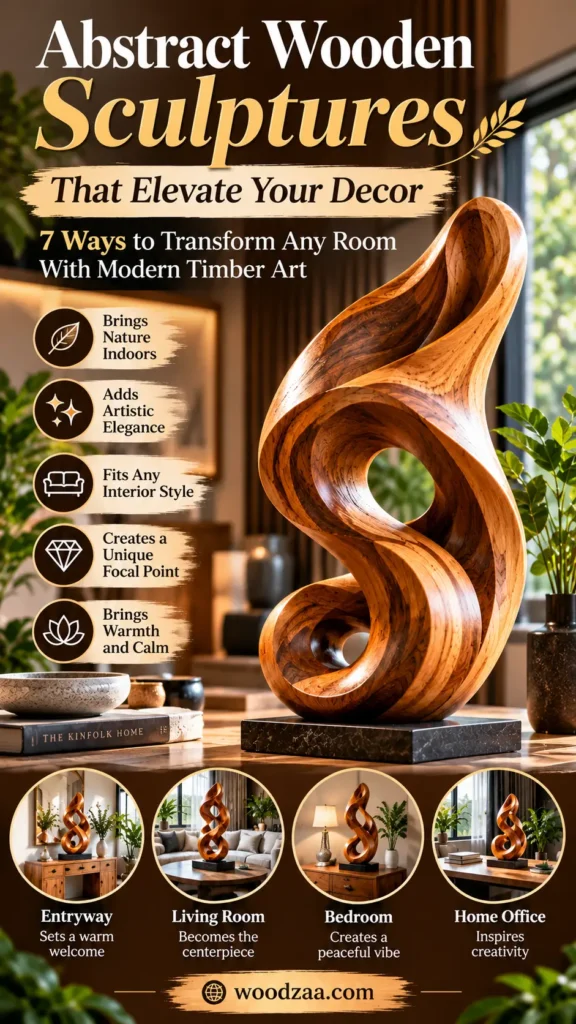"Abstract Wooden Sculptures That Elevate Your Decor" featuring a fluid, flame-shaped wooden art piece on a dark base. Text highlights benefits like bringing nature indoors, adding artistic elegance, fitting any interior style, creating a focal point, and adding warmth. Four circular sub-images show the sculpture styled in an Entryway, Living Room, Bedroom, and Home Office.