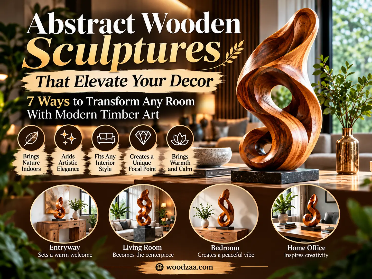"Abstract Wooden Sculptures That Elevate Your Decor" showcases a large, fluid carved wooden art piece on a dark base. Text highlights benefits like bringing nature indoors, adding elegance, and creating a focal point. Four circular insets display the sculpture in an entryway, living room, bedroom, and home office. woodzaa.com.