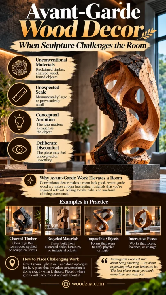 "Avant-Garde Wood Decor — When Sculpture Challenges the Room" features an abstract wooden sculpture with charred textures on a dark base. The graphic highlights concepts like unconventional materials and unexpected scale, with four bottom photos showing charred timber, recycled materials, impossible objects, and interactive pieces.