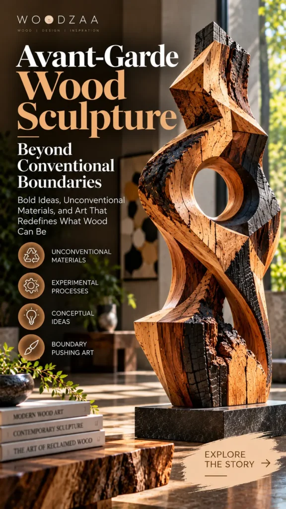 "Avant-Garde Wood Sculpture: Beyond Conventional Boundaries[cite: 3, 4]." The image features a large, striking contemporary abstract sculpture made from contrasting natural wood and charred timber, displaying geometric shapes and organic textures[cite: 3]. The text highlights unconventional materials, experimental processes, conceptual ideas, and boundary-pushing art, with four icons[cite: 3]. A stack of books, including "Contemporary Sculpture," rests on a live-edge wooden table in the foreground[cite: 3, 4].
