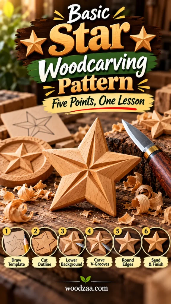 A featured wooden five-pointed star sits on a rustic workshop surface surrounded by wood shavings, carving tools, and other carved pieces. Bold text at the top reads "Basic Star Woodcarving Pattern — Five Points, One Lesson". At the bottom, a 6-step visual guide illustrates the carving process: 1. Draw Template, 2. Cut Outline, 3. Lower Background, 4. Carve V-Grooves, 5. Round Edges, and 6. Sand & Finish.
