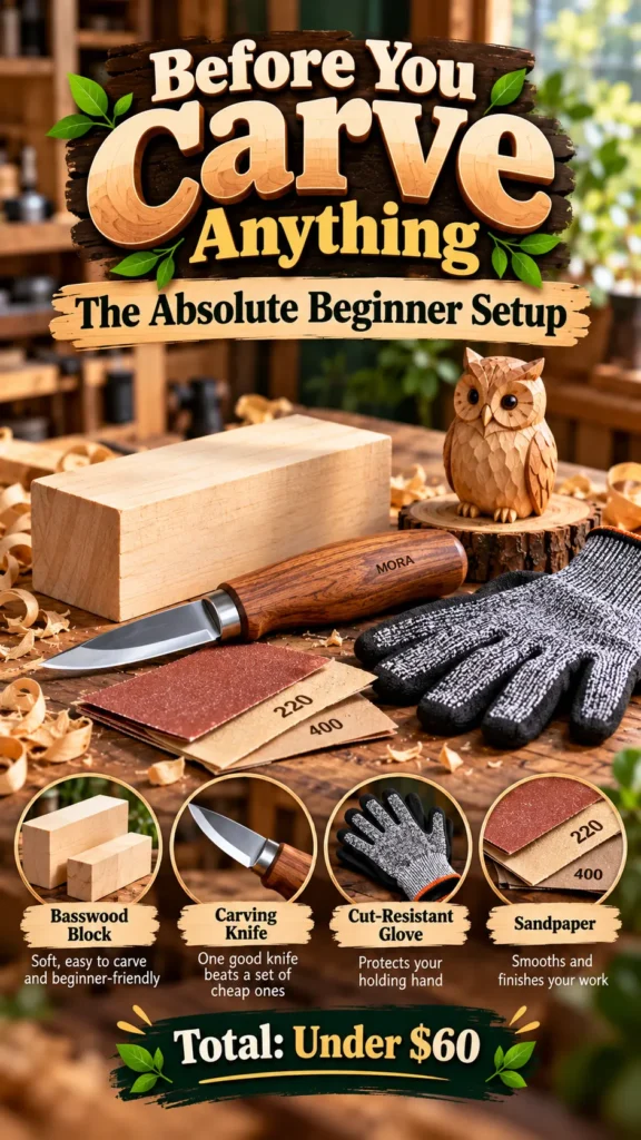 "Before You Carve Anything: The Absolute Beginner Setup" showcasing beginner woodcarving tools. The image displays a wooden workbench with a basswood block, a Mora carving knife, sandpaper sheets (220 and 400 grit), a cut-resistant glove, and a small carved owl figure. Circular close-ups highlight the key essentials: Basswood Block, Carving Knife, Cut-Resistant Glove, and Sandpaper, along with a banner stating "Total: Under $60" at the bottom.