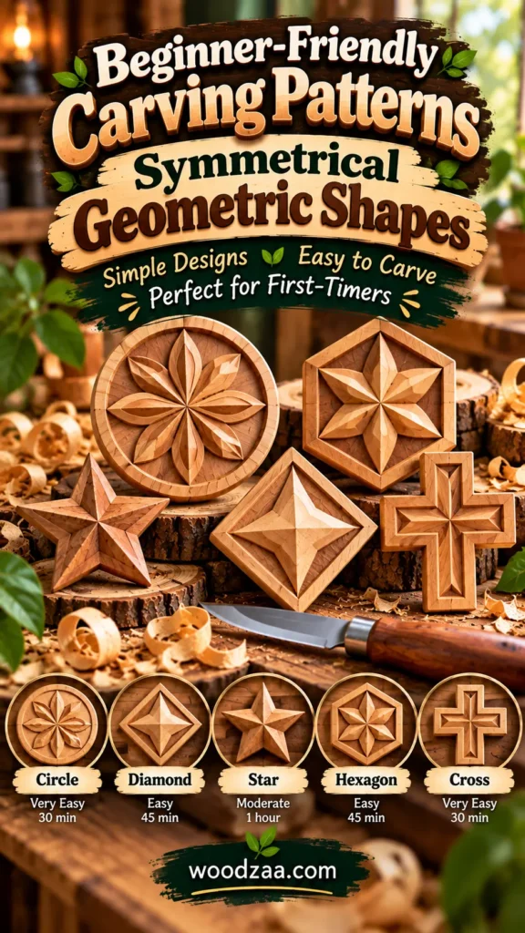 "Beginner-Friendly Carving Patterns: Symmetrical Geometric Shapes" featuring five carved wooden designs. Top text reads "Simple Designs, Easy to Carve, Perfect for First-Timers" above a carving knife and five wooden shapes: a Circle, Diamond, Star, Hexagon, and Cross. Five circular close-ups at the bottom list difficulty levels and estimated times for each: Circle (Very Easy, 30 min), Diamond (Easy, 45 min), Star (Moderate, 1 hour), Hexagon (Easy, 45 min), and Cross (Very Easy, 30 min).