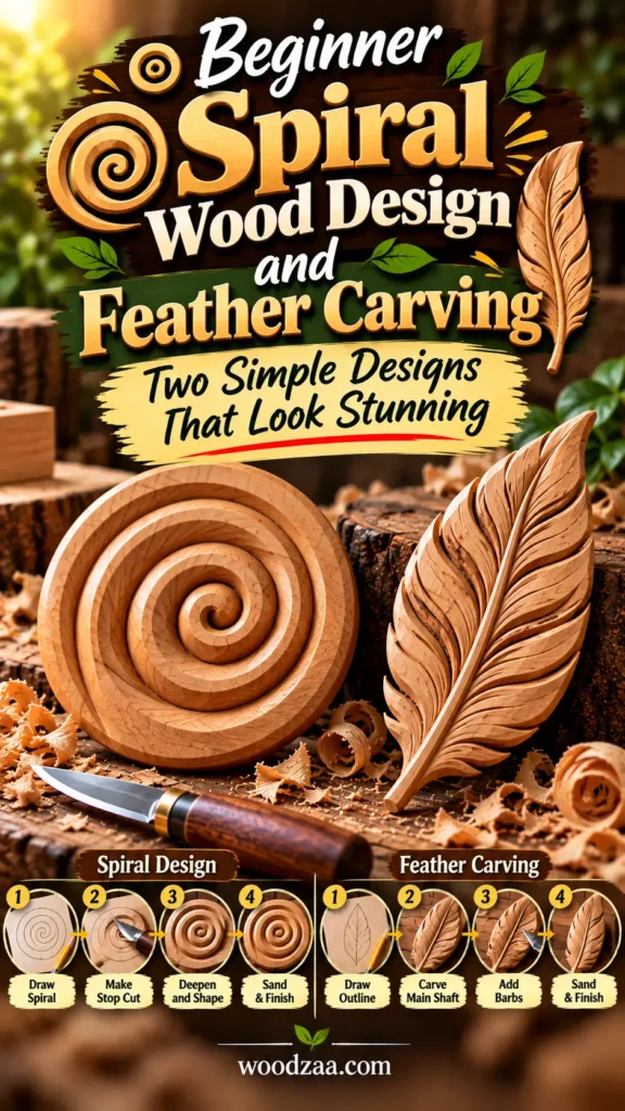 "Beginner Spiral Wood Design and Feather Carving: Two Simple Designs That Look Stunning" displaying a carved wooden spiral disc and a detailed wooden feather on a workbench. Bottom section shows two 4-step guides: Spiral Design (1. Draw Spiral, 2. Make Stop Cut, 3. Deepen and Shape, 4. Sand & Finish) and Feather Carving (1. Draw Outline, 2. Carve Main Shaft, 3. Add Barbs, 4. Sand & Finish).