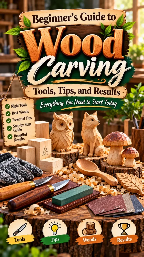 "Beginner's Guide to Wood Carving: Tools, Tips, and Results". The image displays a wooden workbench filled with wood carving tools, cut-resistant gloves, sharpening stones, and sandpaper sheets. It features hand-carved wooden figures including an owl, a fox, mushrooms, a spoon, and a leaf alongside raw wood blocks. A side list highlights topic areas like "Right Tools," "Best Woods," "Essential Tips," and a "Step-by-Step Guide."