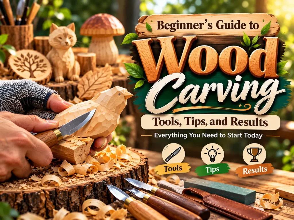 "Beginner's Guide to Wood Carving: Tools, Tips, and Results". The image features a person's hands wearing a cut-resistant glove while using a carving knife to shape a small wooden bird on a rustic wooden stump workbench. Several carving tools, sharpening gear, wood shavings, and finished carvings including a cat and a mushroom are displayed nearby.