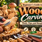 "Beginner's Guide to Wood Carving: Tools, Tips, and Results". The image features a person's hands wearing a cut-resistant glove while using a carving knife to shape a small wooden bird on a rustic wooden stump workbench. Several carving tools, sharpening gear, wood shavings, and finished carvings including a cat and a mushroom are displayed nearby.