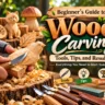 "Beginner's Guide to Wood Carving: Tools, Tips, and Results". The image features a person's hands wearing a cut-resistant glove while using a carving knife to shape a small wooden bird on a rustic wooden stump workbench. Several carving tools, sharpening gear, wood shavings, and finished carvings including a cat and a mushroom are displayed nearby.