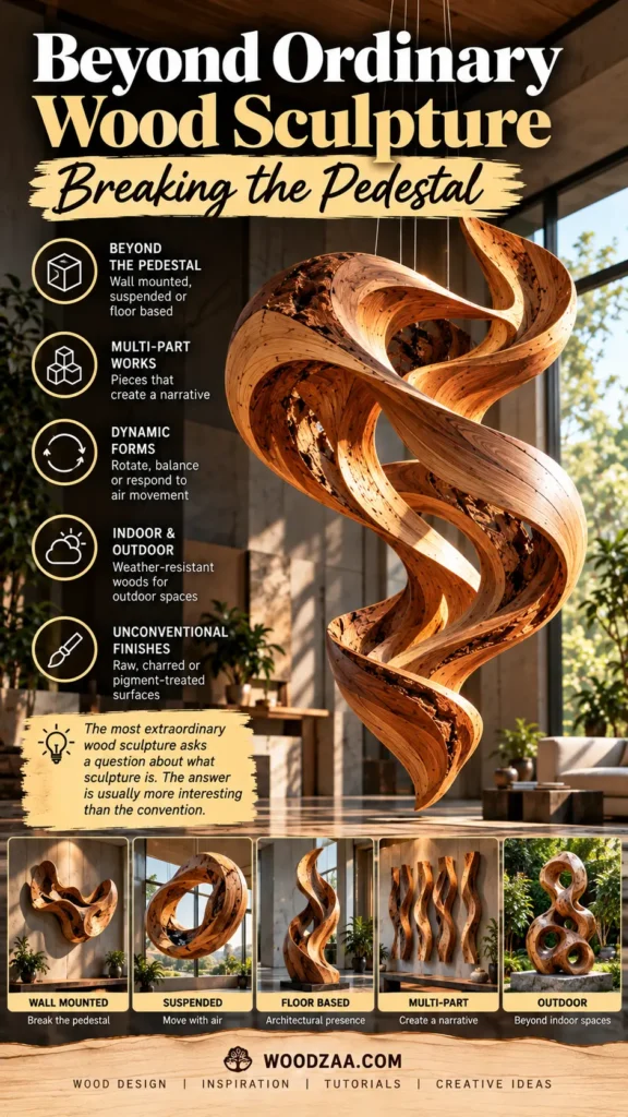 "Beyond Ordinary Wood Sculpture — Breaking the Pedestal" displaying a large, suspended spiral wood sculpture hanging in a room. Icons list design features: Beyond the Pedestal, Multi-Part Works, Dynamic Forms, Indoor & Outdoor, and Unconventional Finishes. Five photos along the bottom showcase display styles: Wall Mounted, Suspended, Floor Based, Multi-Part, and Outdoor, with woodzaa.com listed at the bottom.