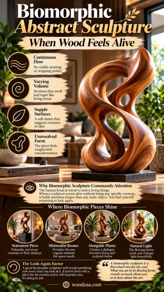 "Biomorphic Abstract Sculpture — When Wood Feels Alive" features a flowing, organic wooden sculpture on a dark base. Text highlights traits like continuous flow, varying volume, and supple surfaces. Four circular photos show the sculpture used as a statement piece in minimalist rooms, alongside plants, and in natural light.