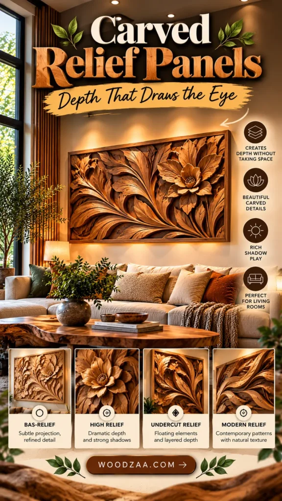 "Carved Relief Panels — Depth That Draws the Eye". The main photo shows a large, intricate wooden floral relief panel mounted above a living room sofa. Four bottom panels display different styles: Bas-Relief, High Relief, Undercut Relief, and Modern Relief. Icons on the right highlight benefits like depth and shadow play, with the website woodzaa.com at the bottom.
