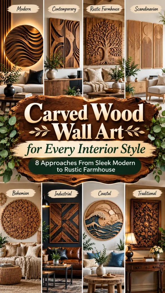 "Carved Wood Wall Art for Every Interior Style — 8 Approaches From Sleek Modern to Rustic Farmhouse". The collage features eight different interior design styles showcasing unique carved wooden wall art: Modern, Contemporary, Rustic Farmhouse, Scandinavian, Bohemian, Industrial, Coastal, and Traditional.