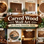 "Carved Wood Wall Art for Every Interior Style — 8 Approaches From Sleek Modern to Rustic Farmhouse". The collage features eight different interior design styles showcasing carved wooden wall art: Modern, Farmhouse, Scandinavian, Bohemian, Industrial, Coastal, Traditional, and Minimalist.