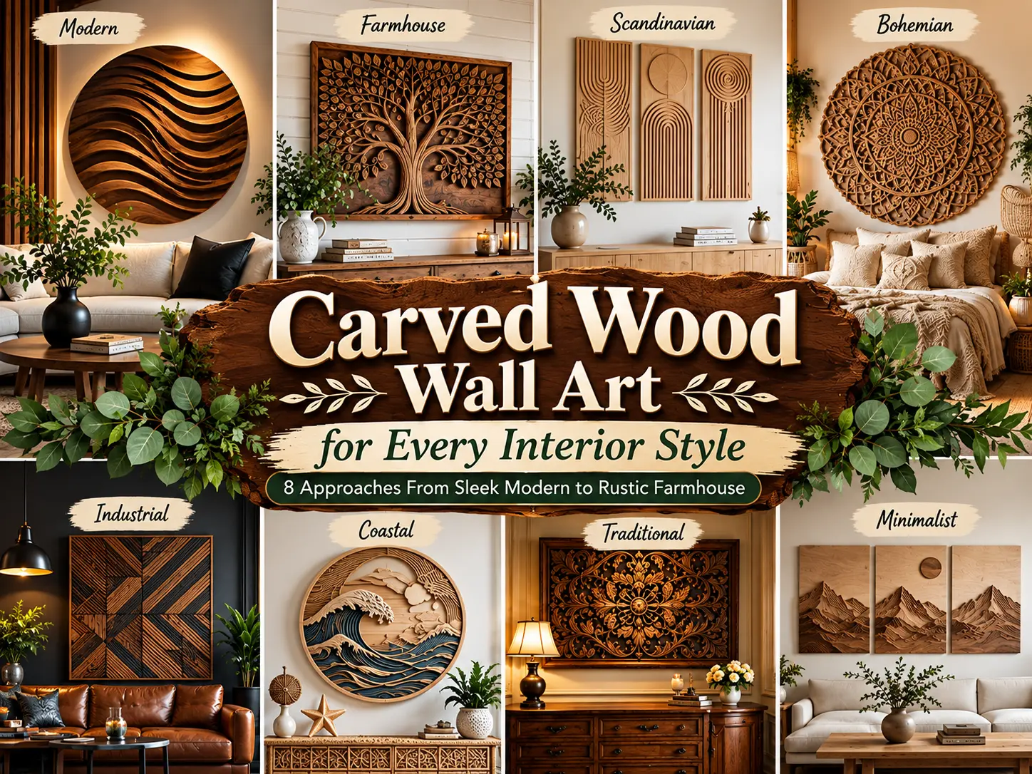 "Carved Wood Wall Art for Every Interior Style — 8 Approaches From Sleek Modern to Rustic Farmhouse". The collage features eight different interior design styles showcasing carved wooden wall art: Modern, Farmhouse, Scandinavian, Bohemian, Industrial, Coastal, Traditional, and Minimalist.