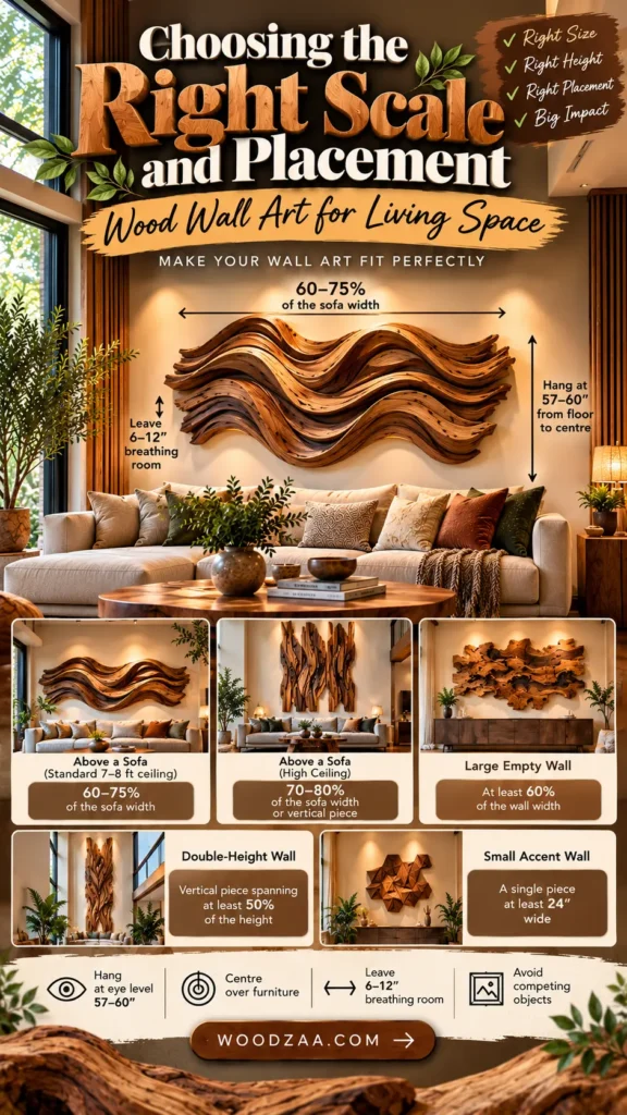 "Choosing the Right Scale and Placement: Wood Wall Art for Living Space". The top image illustrates ideal wall art dimensions above a sofa, recommending art be 60–75% of sofa width and hung 57–60 inches from the floor. Five bottom panels detail sizing rules for standard ceilings, high ceilings, large empty walls, double-height walls, and small accent walls. Features placement tips and a link to woodzaa.com.