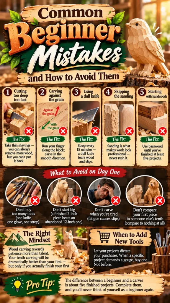 "Common Beginner Mistakes and How to Avoid Them." The image features a carved wooden bird at the top right and breaks down five top wood carving mistakes with their fixes, such as avoiding dull knives and cutting too deep. It also includes sections on what to avoid on day one, the right mindset, when to add new tools, and a pro tip for beginners.